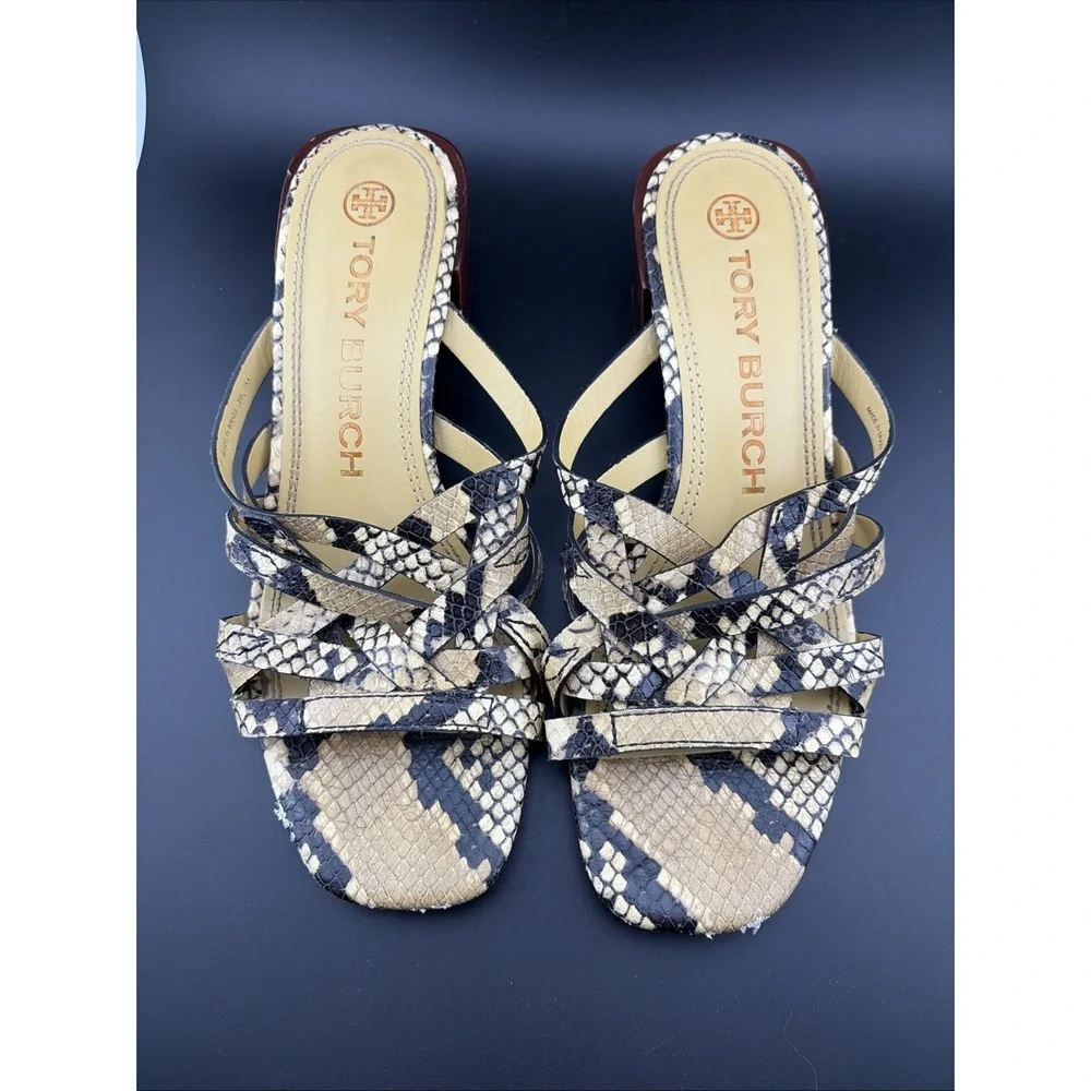 Tory‎ Burch Basket-weave Block Heel Snakeskin Python Print Leather Sandals 7M